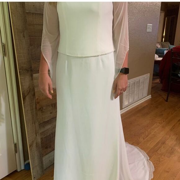 Kathryn LaCroix white nee wedding dress gown beading sheer long sleeves, size 10 - Picture 8 of 13